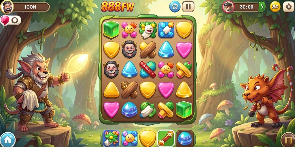 Screenshot game 888FW menunjukkan gameplay match-3 yang seru dan penuh warna.