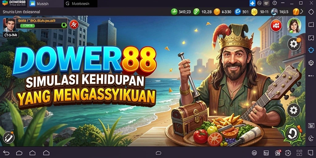 Screenshot gameplay DOWER88 dengan karakter yang sedang berinteraksi dalam simulasi kehidupan.