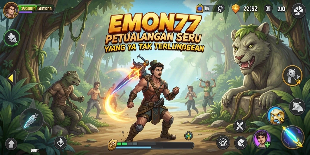 Screenshot menunjukkan gameplay petualangan seru dalam EMON77.