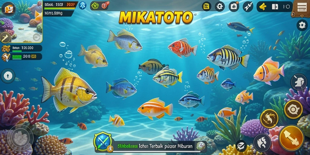 Tampilan gameplay MIKATOTO dengan aksi menembak ikan yang seru.