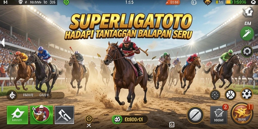 Screenshot gameplay SUPERLIGATOTO menampilkan balapan mendebarkan di trek yang menantang.