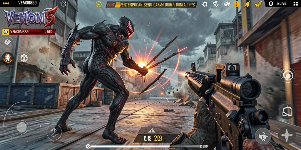 Tampilan gameplay seru dengan aksi tembak-menembak yang intens.
