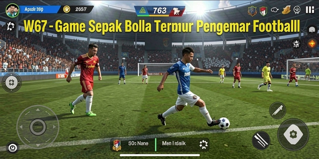 Screenshot gameplay W67 menampilkan aksi permainan sepak bola yang mendebarkan.