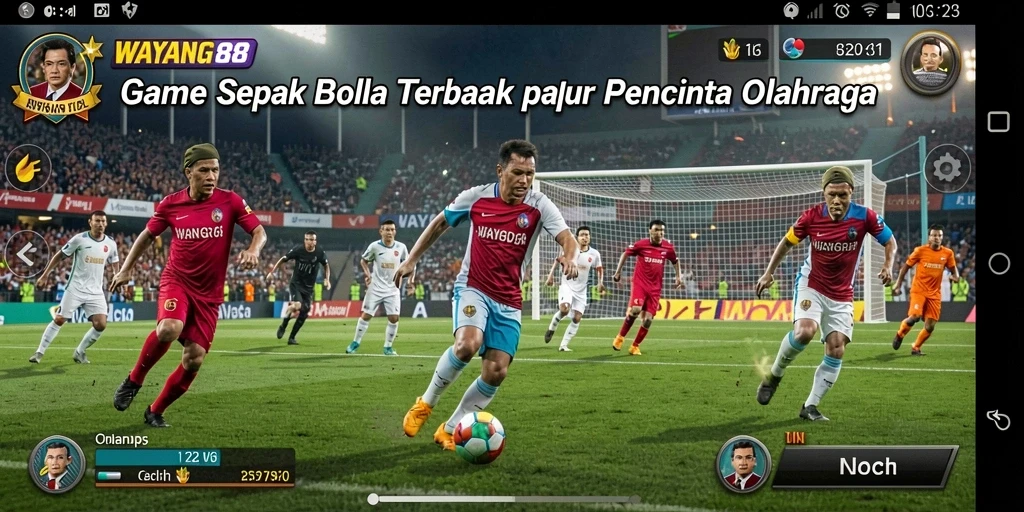 Screenshot utama menampilkan aksi permainan sepak bola yang mendebarkan.